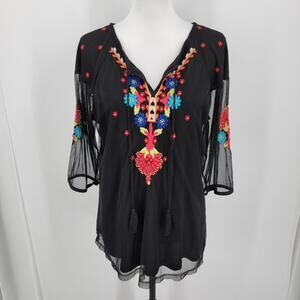 Hannah Blouse Womens Medium Black Embroidered Colorful Floral Sheer Overlay Boho